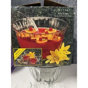 Vintage Elegance Fluted Glass Punch Bowl Set In Box - Missing Ladle & 1 Cup